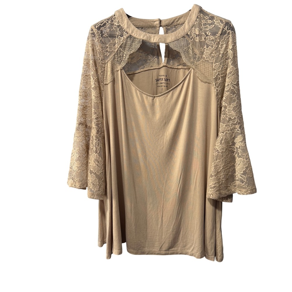 Torrid Super Soft Knits Tan Beige Lace Bell Sleeve Cutout Top Plus Size 2 2X - Picture 5 of 8